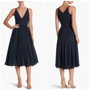 NEW Dress the Population Alicia Mixed Media Midi Dress Midnight Blue